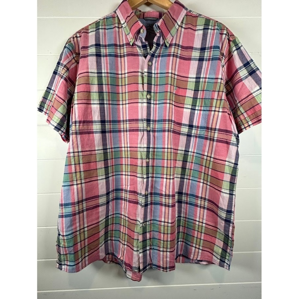 Izod Saltwater Relaxed Classics Mens XL Pink Green Plaid Short Sleeve Shirt